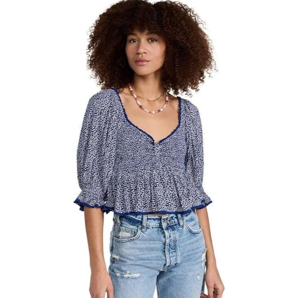 NWT Free People Medium Blue Combo Britnee Floral Daisy Crop Peplum Top